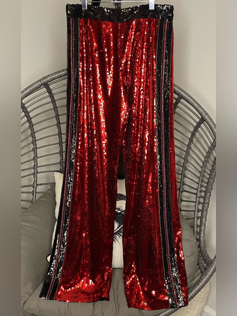 Balmain Red Sequin Maxi Skirt with Black Trim